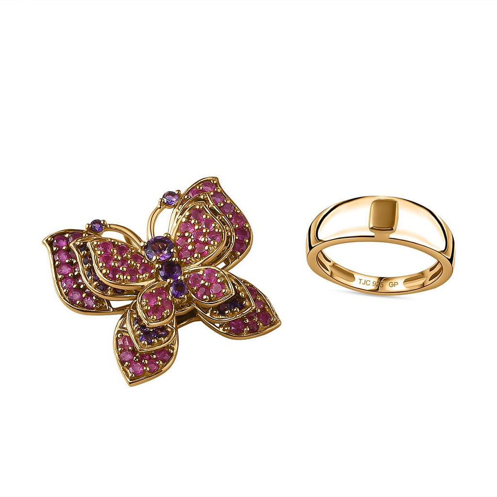 GP Italian Garden Collection - Amethyst & Ruby Butterfly Ring in 18K Vermeil Yellow Gold Plated Sterling Silver 5.24 Ct, Silver Wt. 11.26 Gms