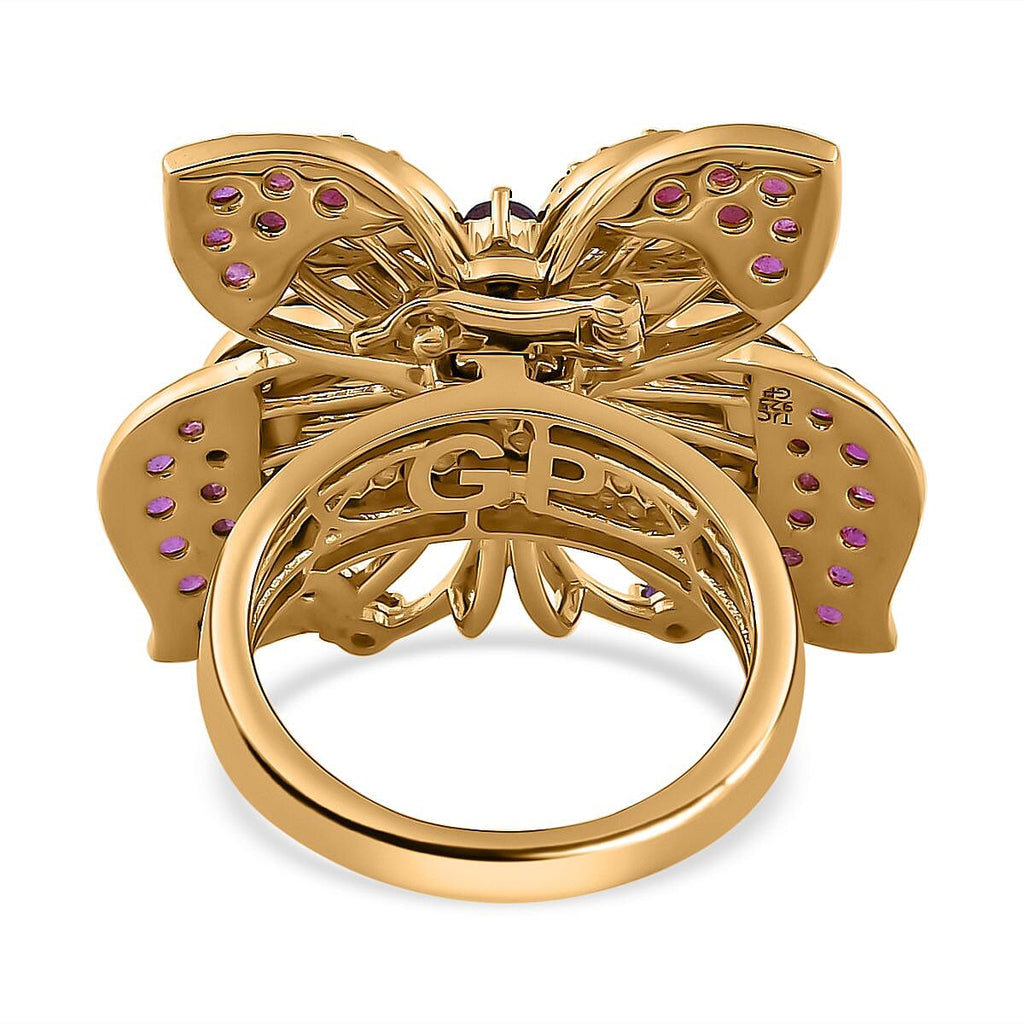 GP Italian Garden Collection - Amethyst & Ruby Butterfly Ring in 18K Vermeil Yellow Gold Plated Sterling Silver 5.24 Ct, Silver Wt. 11.26 Gms