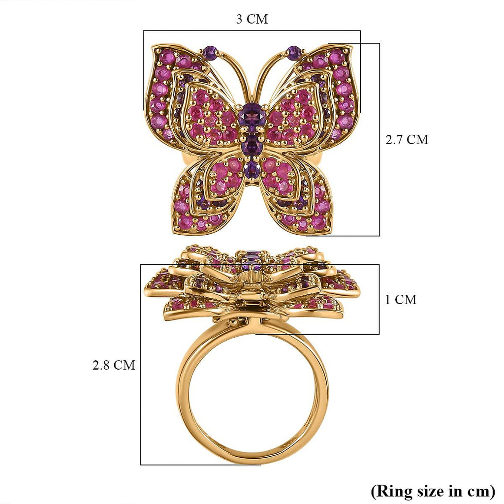 GP Italian Garden Collection - Amethyst & Ruby Butterfly Ring in 18K Vermeil Yellow Gold Plated Sterling Silver 5.24 Ct, Silver Wt. 11.26 Gms