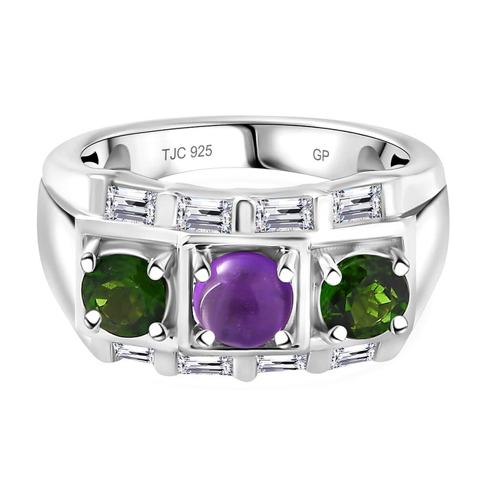 GP Art Deco Collection - Geometrical Shapes - Amethyst, Chrome Diopside and Zircon Trilogy Ring in Rhodium Overlay Sterling Silver 7849961 1