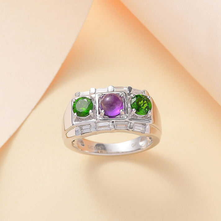 GP Art Deco Collection - Geometrical Shapes - Amethyst, Chrome Diopside and Zircon Trilogy Ring in Rhodium Overlay Sterling Silver 7849961 2