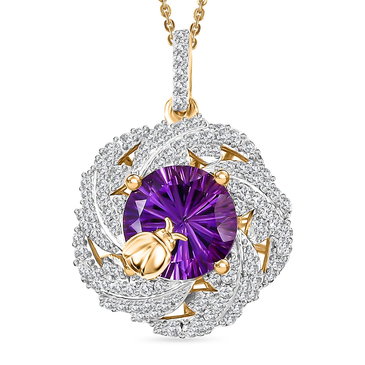 GP Italian Garden Collection - African Amethyst, Blue Sapphire &amp; White Zircon Cluster Pendant with 18k YG Vermeil Sterling Silver 6.86 ct, Silver Wt. 5.47 Gms 7958654 0