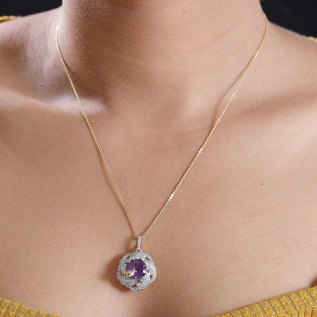 GP Italian Garden Collection - African Amethyst, Blue Sapphire & White Zircon Cluster Pendant with 18k YG Vermeil Sterling Silver 6.86 ct, Silver Wt. 5.47 Gms
