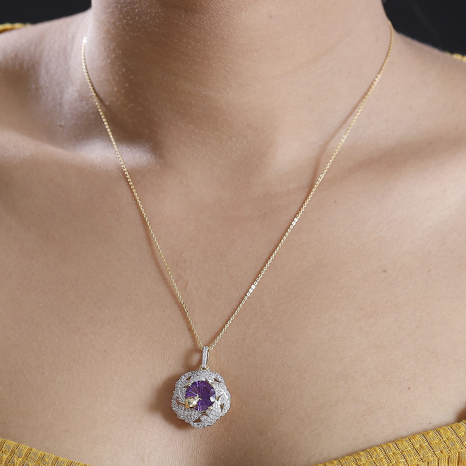 GP Italian Garden Collection - African Amethyst, Blue Sapphire &amp; White Zircon Cluster Pendant with 18k YG Vermeil Sterling Silver 6.86 ct, Silver Wt. 5.47 Gms 7958654 2