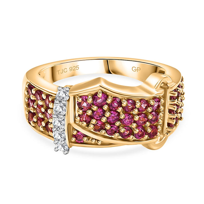 GP Royal Art Deco Collection - Rhodolite Garnet, White Zircon Buckle Ring in 18K Vermeil Yellow Gold Plated Sterling Silver 1.41 Ct. 7967403 1
