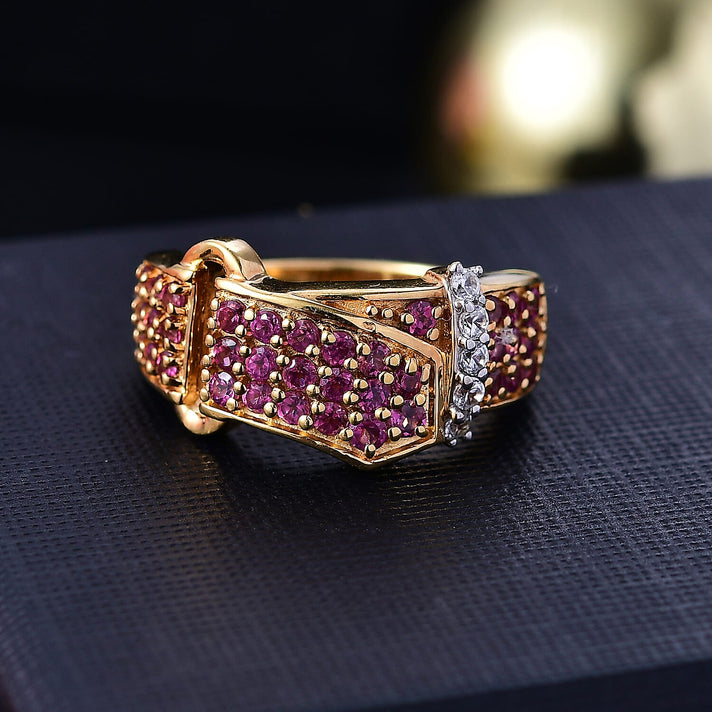 GP Royal Art Deco Collection - Rhodolite Garnet, White Zircon Buckle Ring in 18K Vermeil Yellow Gold Plated Sterling Silver 1.41 Ct. 7967403 2