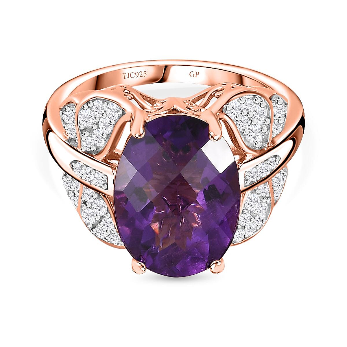 GP - Amethyst &amp; Natural Zircon Ring in 18K Vermeil RG Plated Sterling Silver 6.36 Ct, Silver Wt. 5.36 Gms 7701002 0
