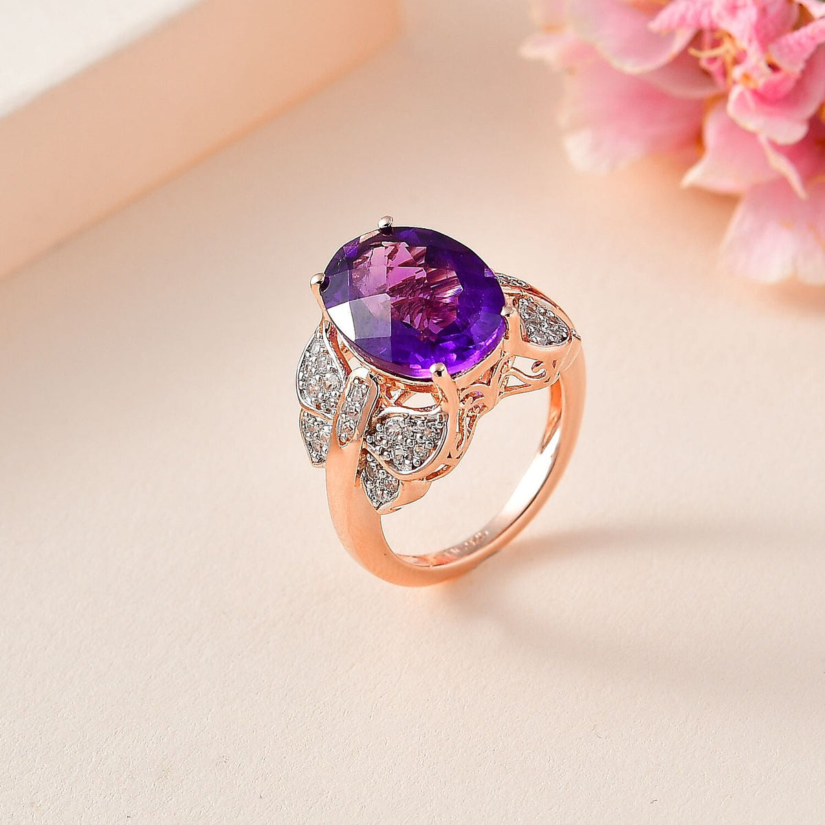 GP - Amethyst &amp; Natural Zircon Ring in 18K Vermeil RG Plated Sterling Silver 6.36 Ct, Silver Wt. 5.36 Gms 7701002 1