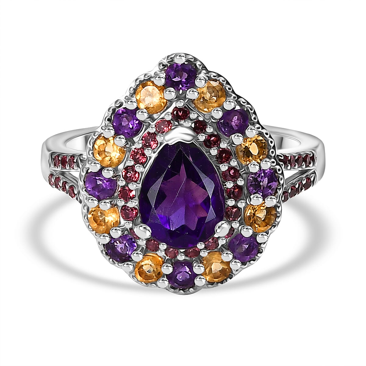 AAA African Amethyst, Citrine and Rhodolite Garnet Halo Ring in Rhodium Overlay Sterling Silver 2.16 Ct. 8044642 0