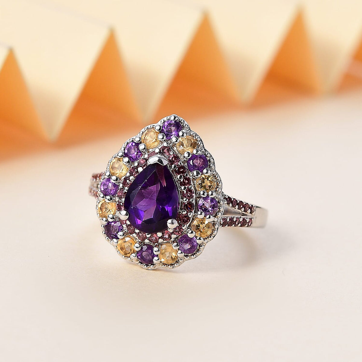 AAA African Amethyst, Citrine and Rhodolite Garnet Halo Ring in Rhodium Overlay Sterling Silver 2.16 Ct. 8044642 2