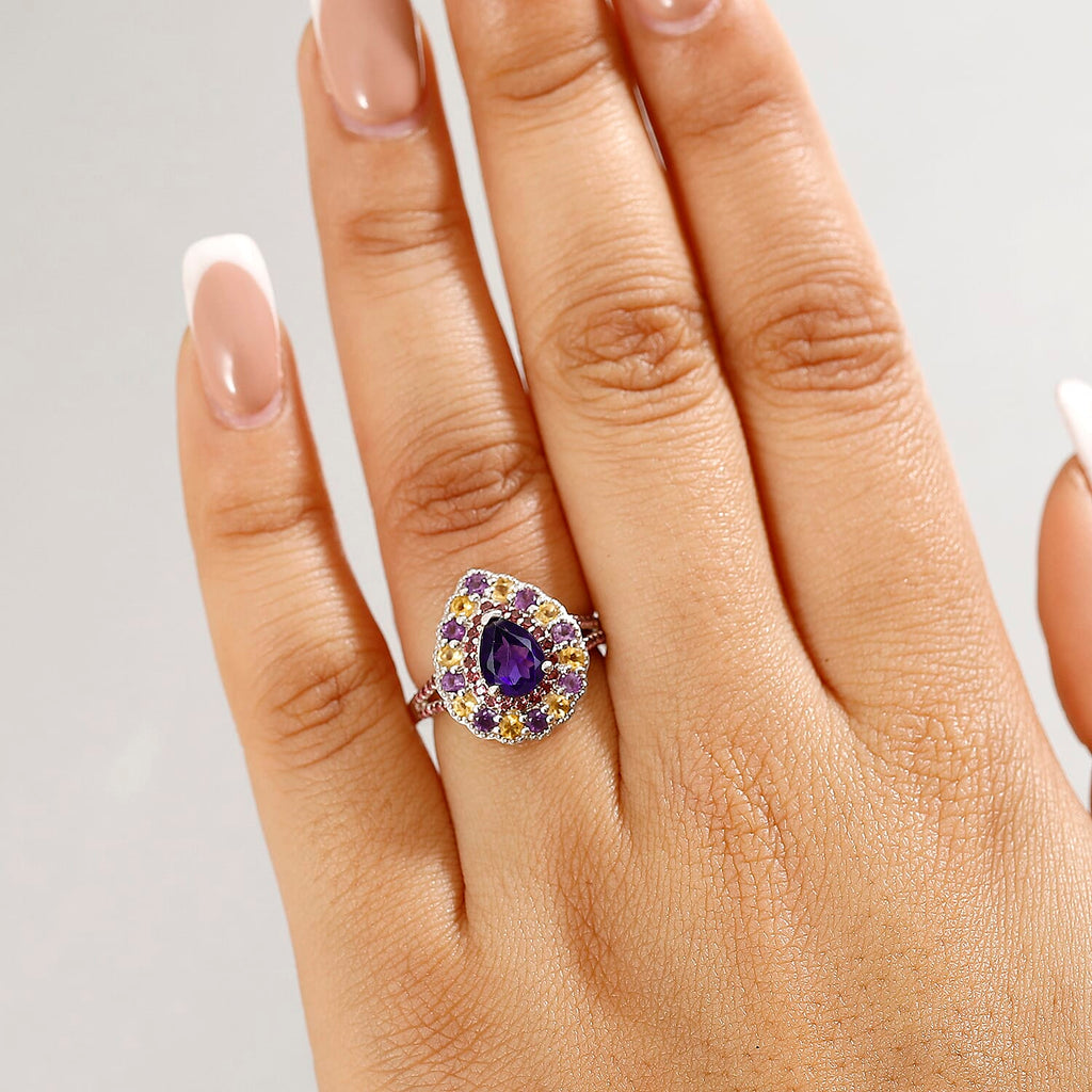 AAA African Amethyst, Citrine & Rhodolite Garnet Ring in Rhodium Overlay Sterling Silver 2.16 Ct.