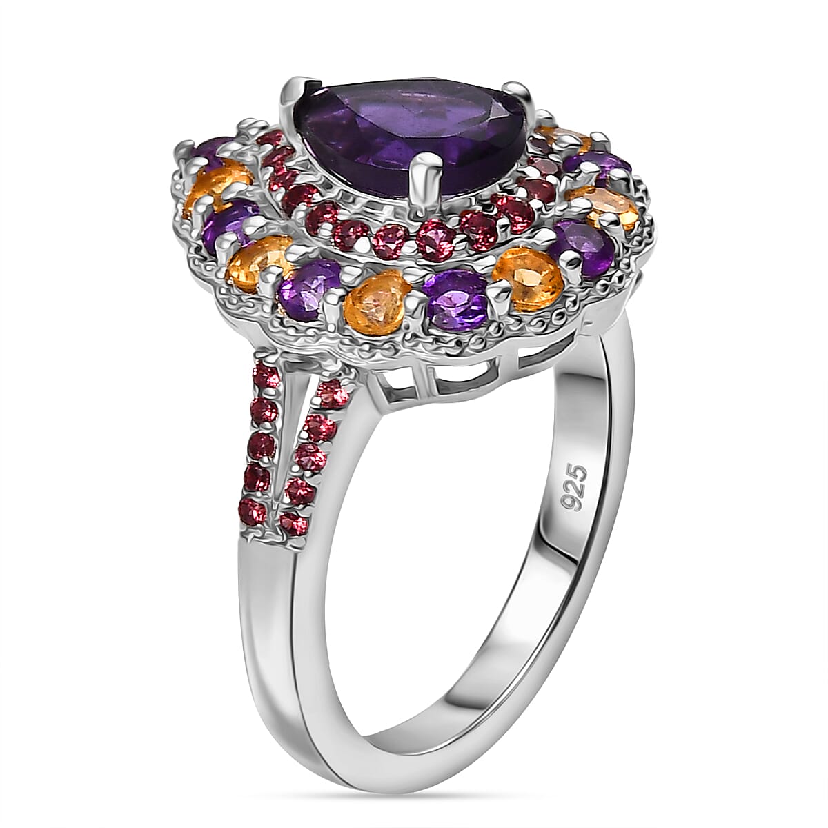 AAA African Amethyst, Citrine and Rhodolite Garnet Halo Ring in Rhodium Overlay Sterling Silver 2.16 Ct. 8044642 4