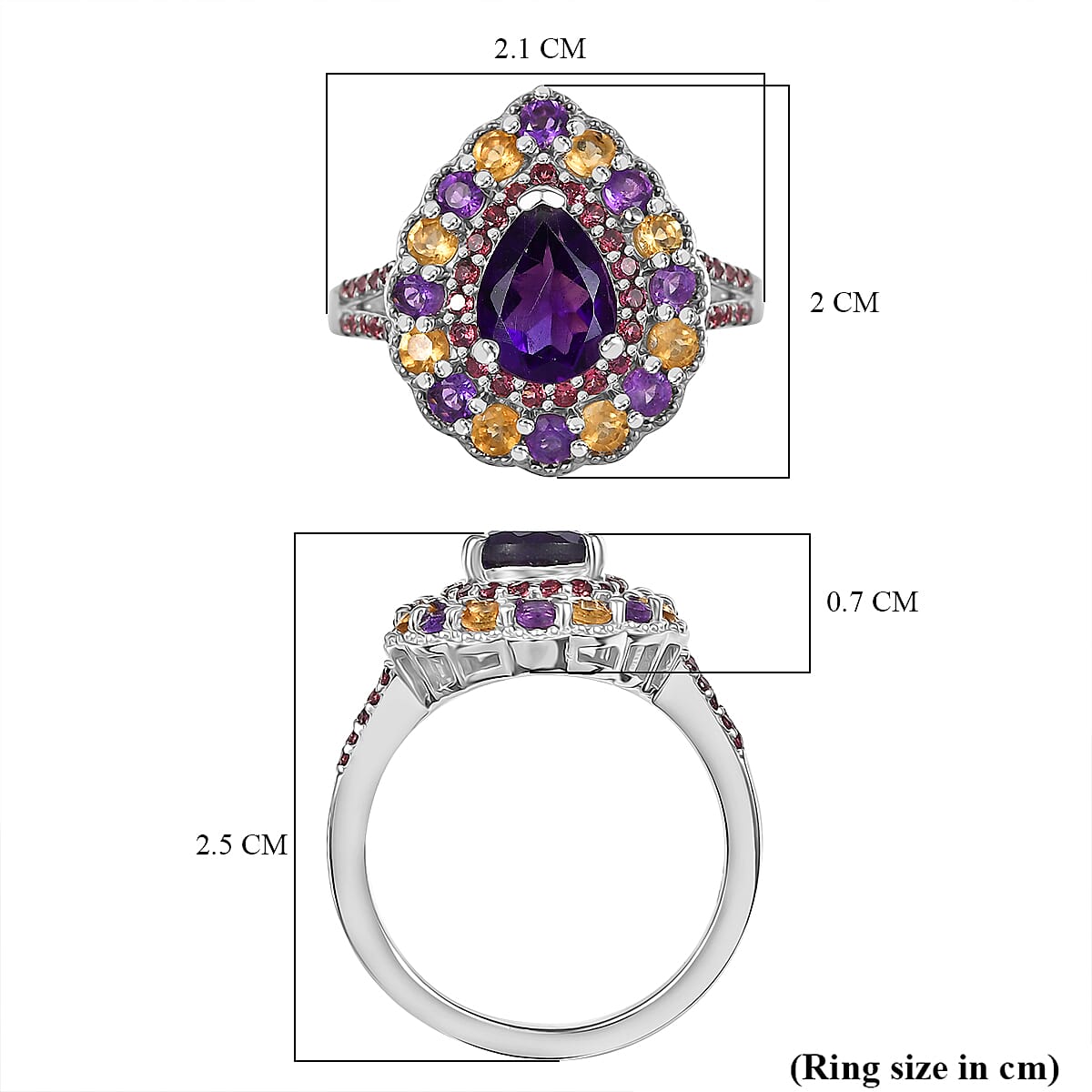 AAA African Amethyst, Citrine and Rhodolite Garnet Halo Ring in Rhodium Overlay Sterling Silver 2.16 Ct. 8044642 6