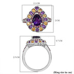 AAA African Amethyst, Citrine & Rhodolite Garnet Ring in Rhodium Overlay Sterling Silver 2.16 Ct.