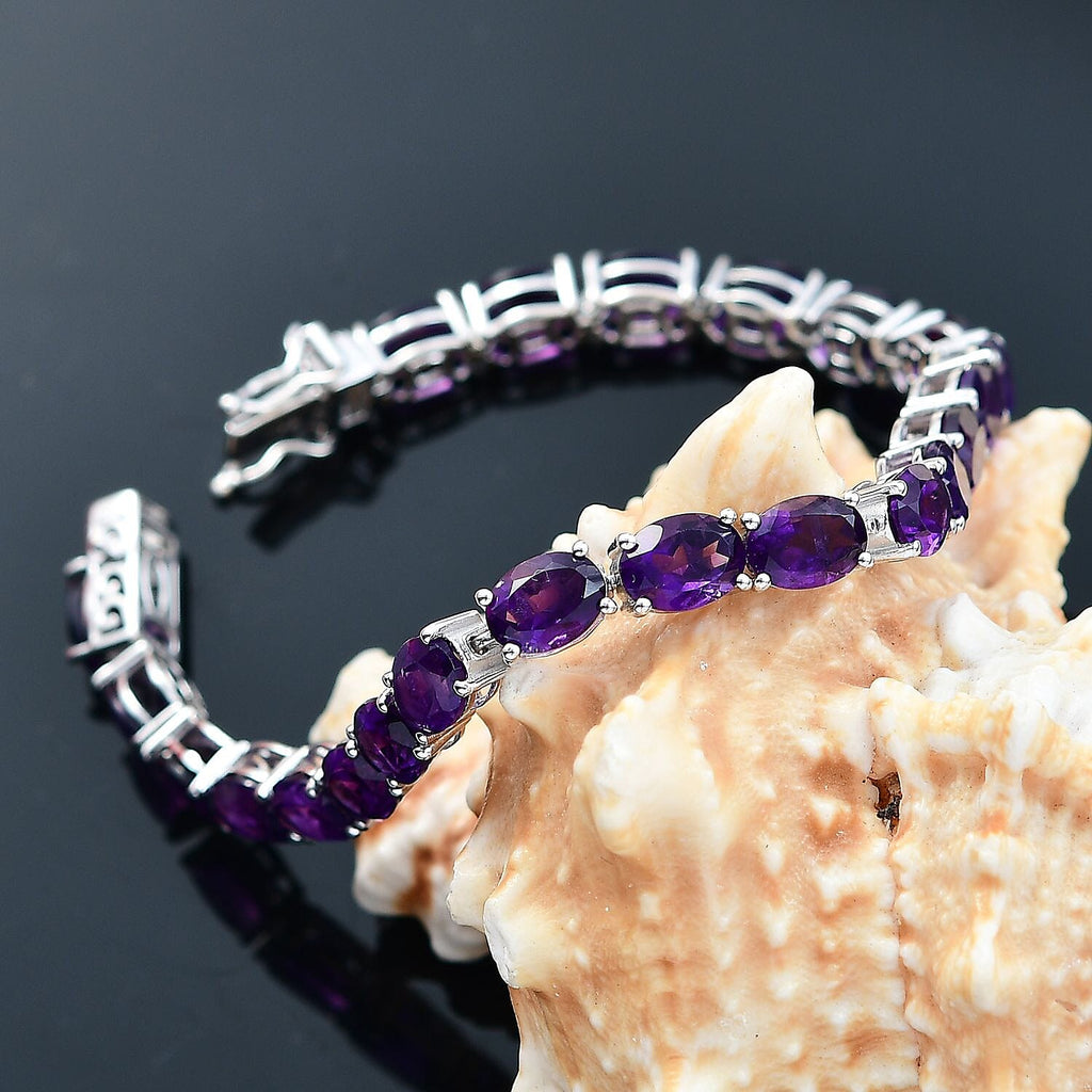 AAA African Amethyst Cluster Bracelet (Size - 8) with GB Lock Box in Rhodium Overlay Sterling Silver 25.52 Ct, Silver Wt. 10.50 Gms.