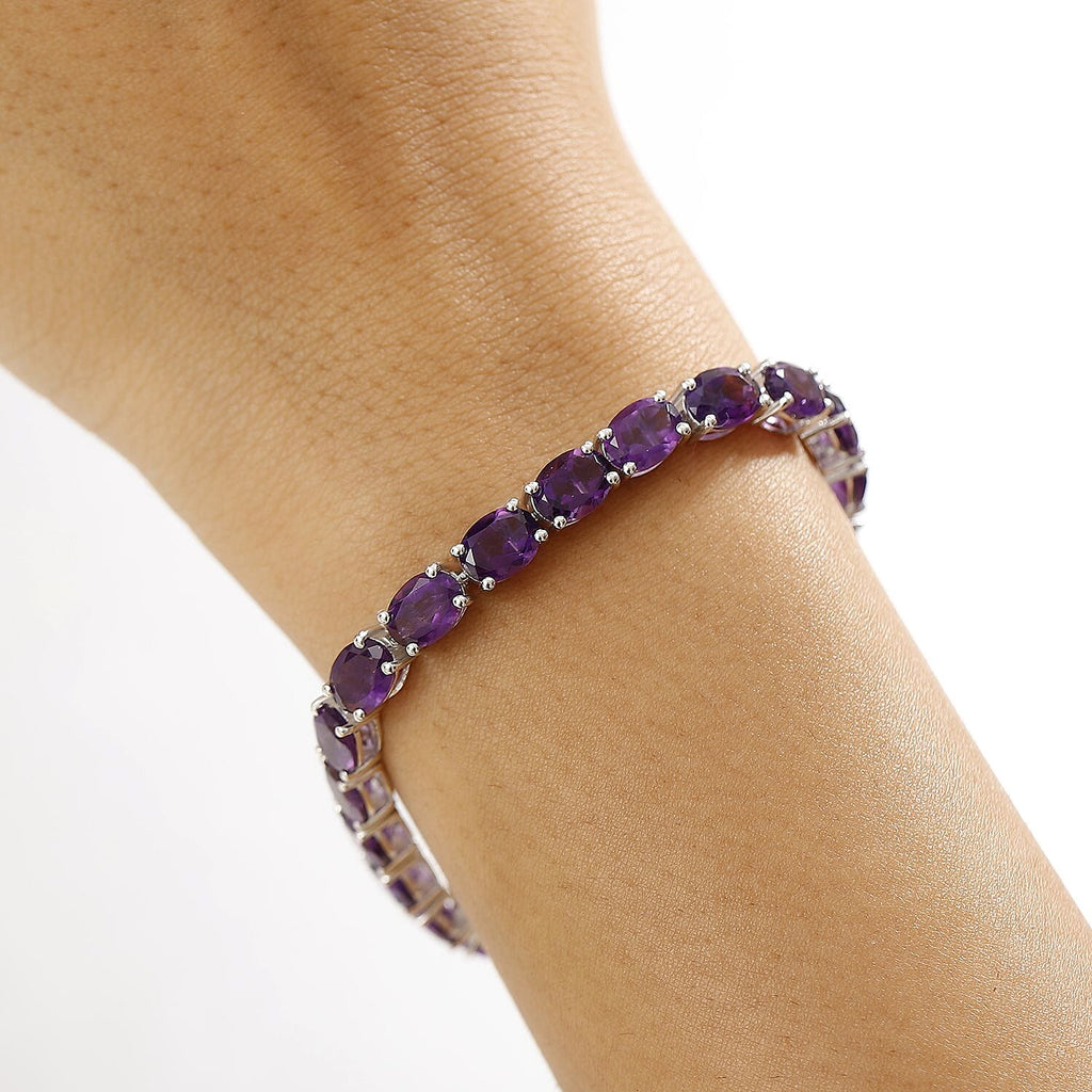 AAA African Amethyst Cluster Bracelet (Size - 8) with GB Lock Box in Rhodium Overlay Sterling Silver 25.52 Ct, Silver Wt. 10.50 Gms.