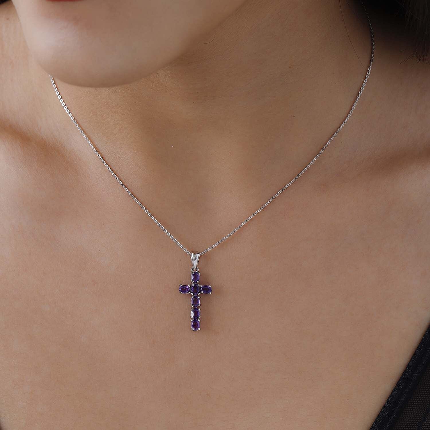 African Amethyst Cross Pendant with Chain (Size 20 Inch) in Platinum Overlay Sterling Silver 4202879 8