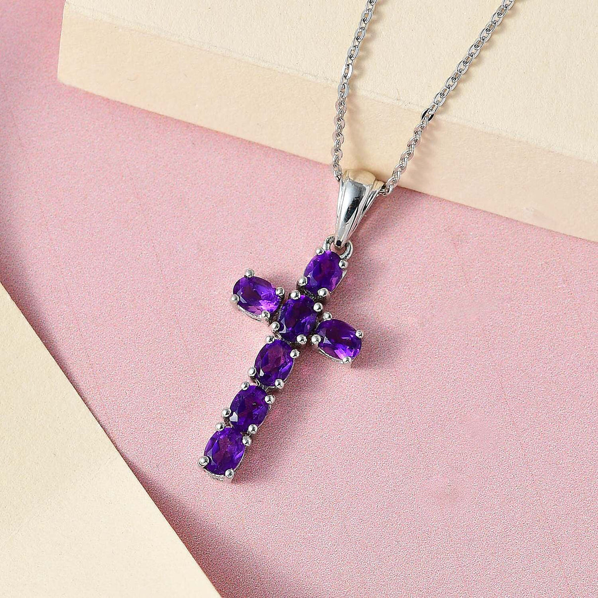 African Amethyst Cross Pendant with Chain (Size 20 Inch) in Platinum Overlay Sterling Silver 4202879 9
