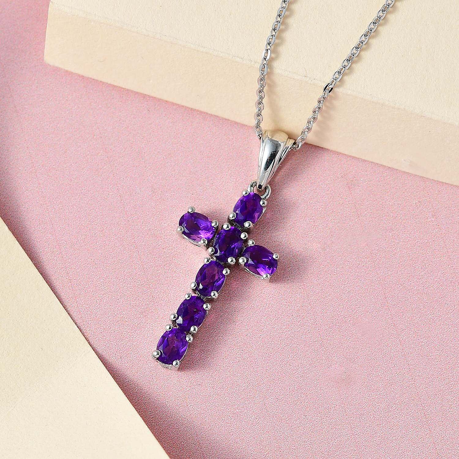 African Amethyst Cross Pendant with Chain (Size 20 Inch) in Platinum Overlay Sterling Silver 4202879 9