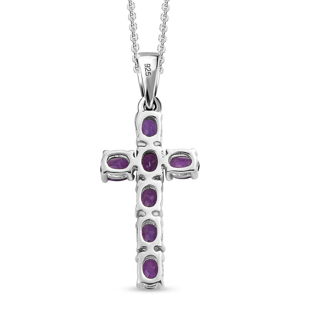 Amethyst Cross Pendant with Chain (Size 20) in Platinum Overlay Sterling Silver 3.00 Ct.