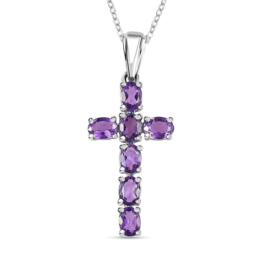 Amethyst Cross Pendant with Chain (Size 20) in Platinum Overlay Sterling Silver 3.00 Ct.