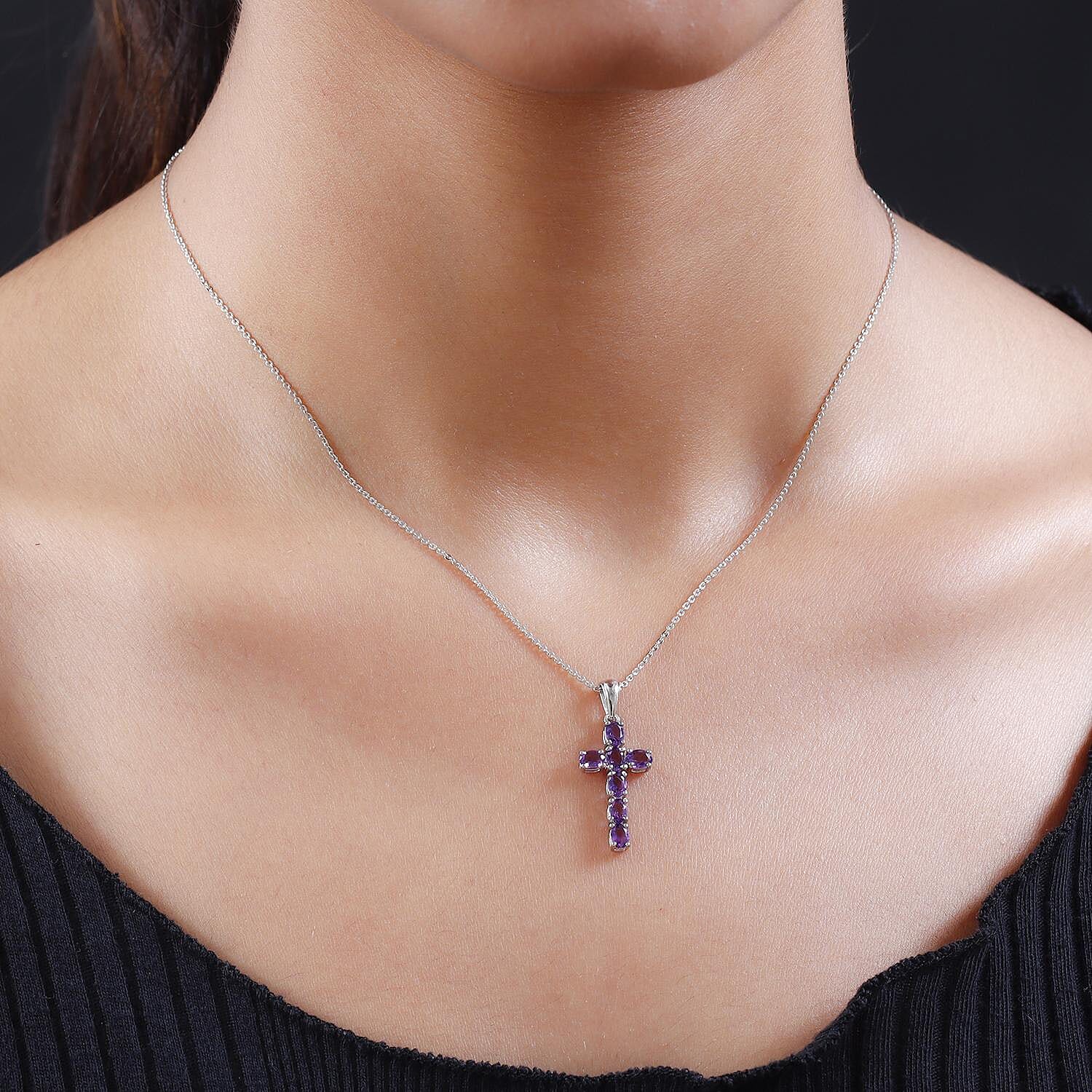 African Amethyst Cross Pendant with Chain (Size 20 Inch) in Platinum Overlay Sterling Silver 4202879 2