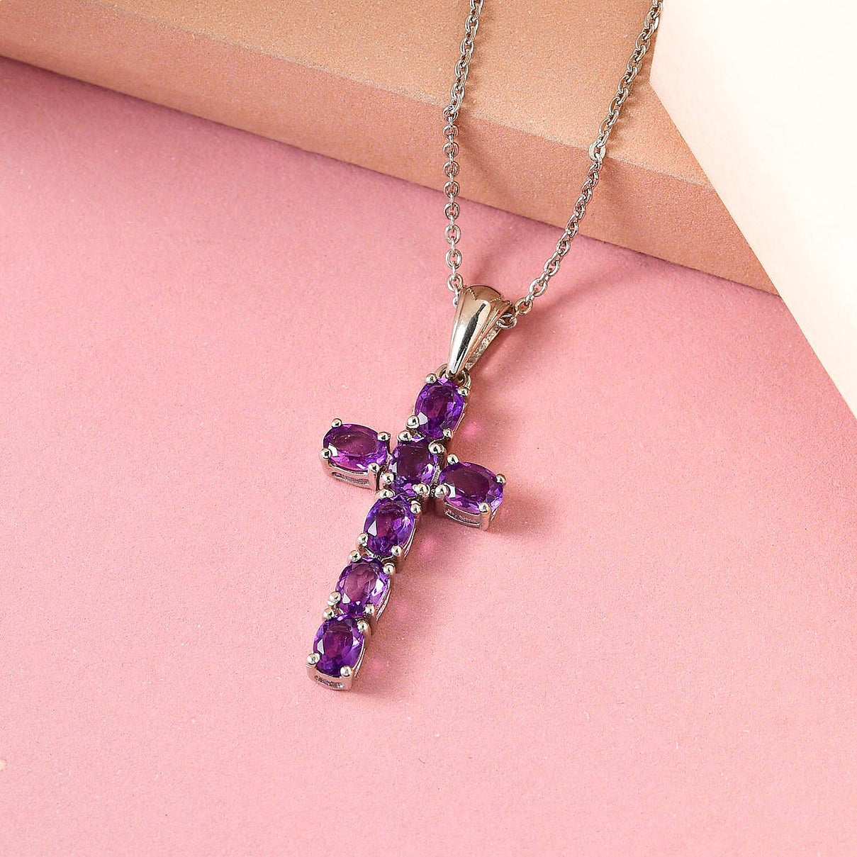 African Amethyst Cross Pendant with Chain (Size 20 Inch) in Platinum Overlay Sterling Silver 4202879 3