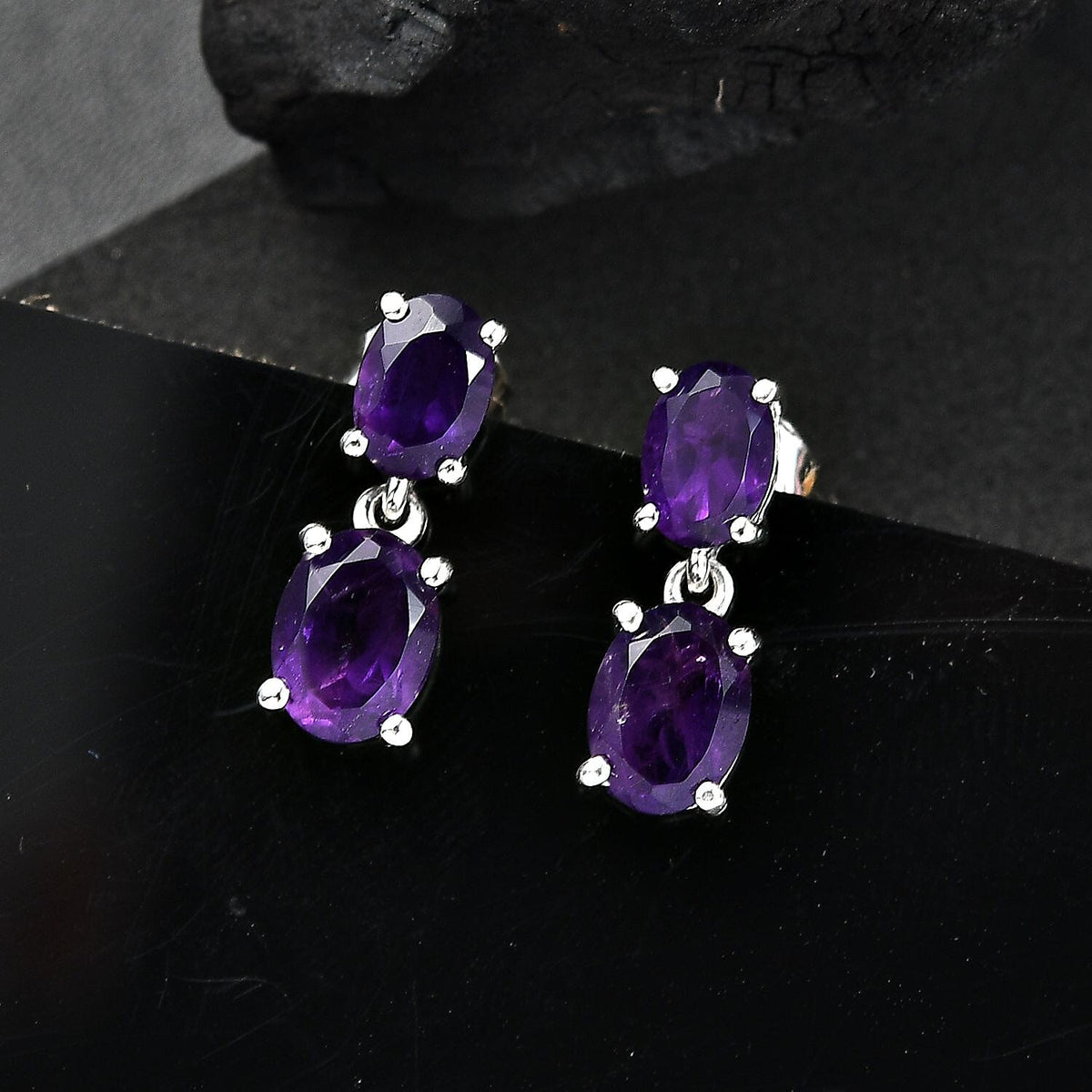 AAA African Amethyst Dangling Earring with Push Back in Rhodium Overlay Sterling Silver 3.66 Ct. 8046385 2