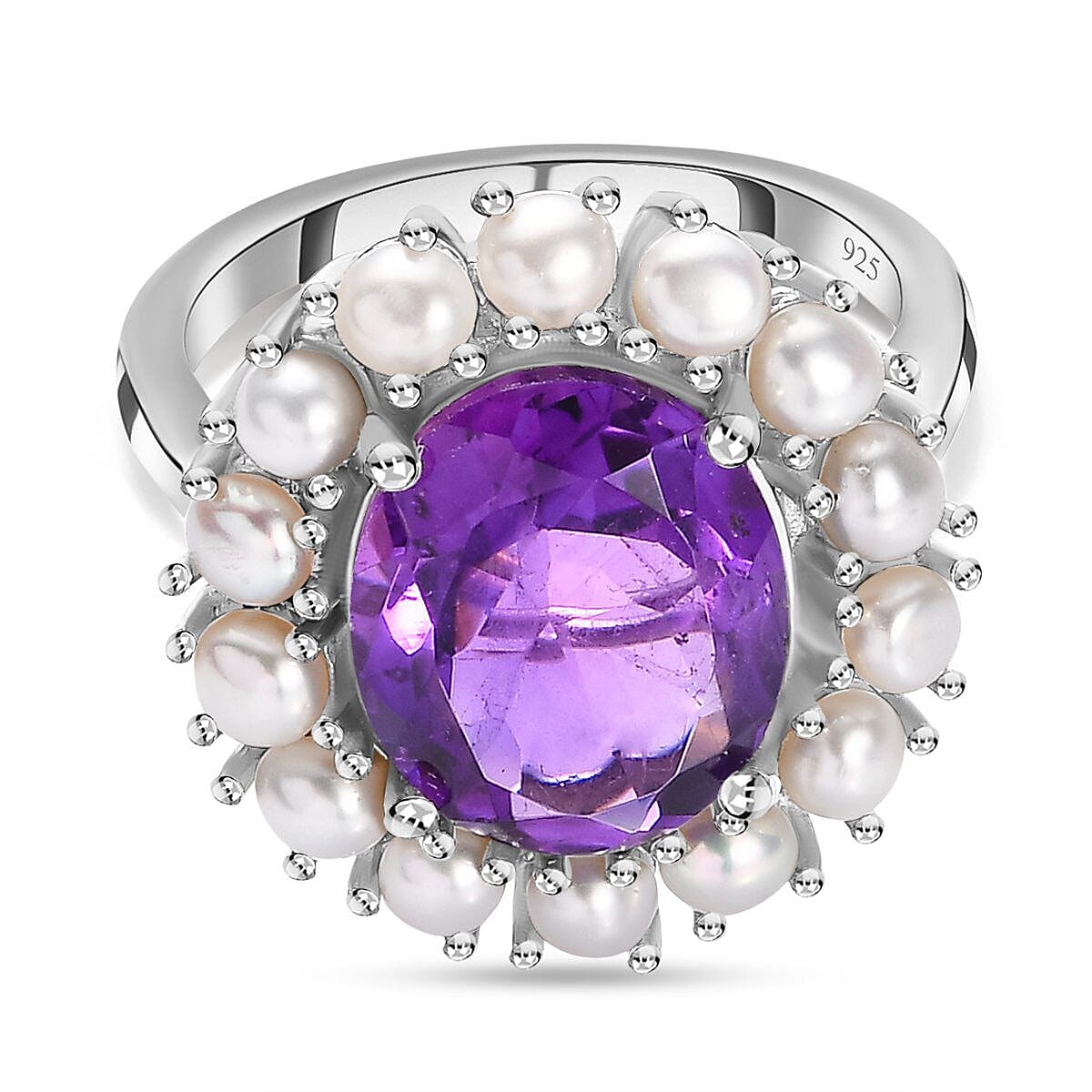 Amethyst and Fresh Water Pearl Ring in Platinum Overlay Sterling Silver 6.29 Ct. 7255833 0
