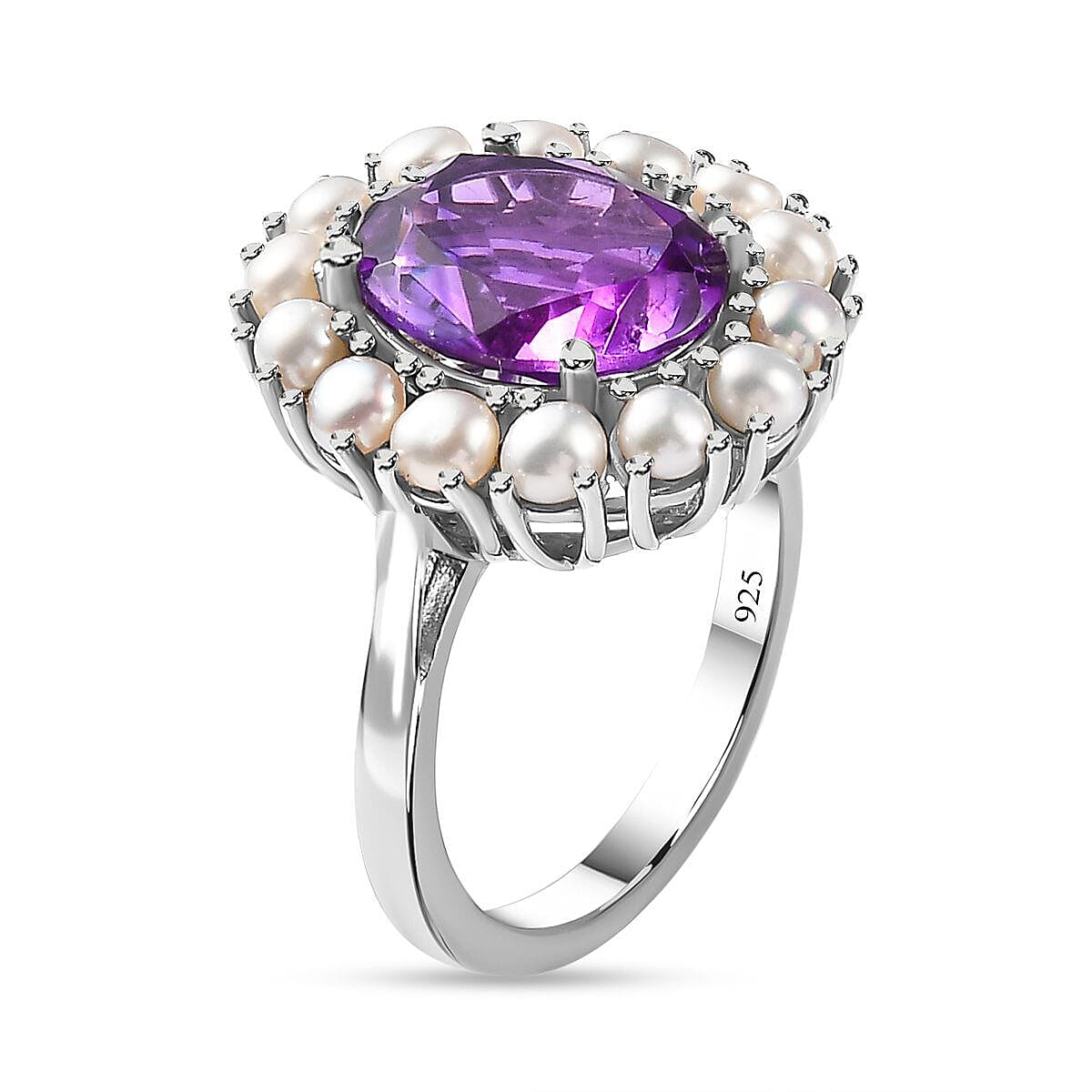 Amethyst and Fresh Water Pearl Ring in Platinum Overlay Sterling Silver 6.29 Ct. 7255833 5