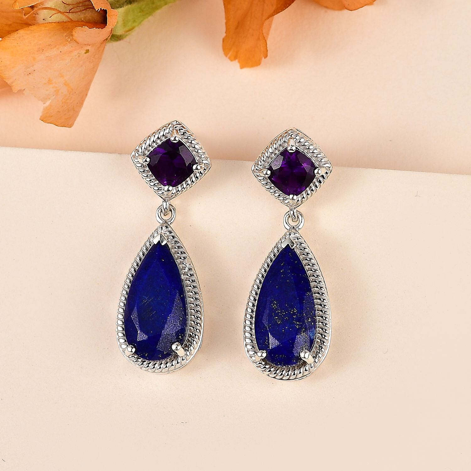 Amethyst &amp; Lapis Lazuli Dangle Earrings in Platinum Overlay Sterling Silver 7.25 Ct. 7735871 1