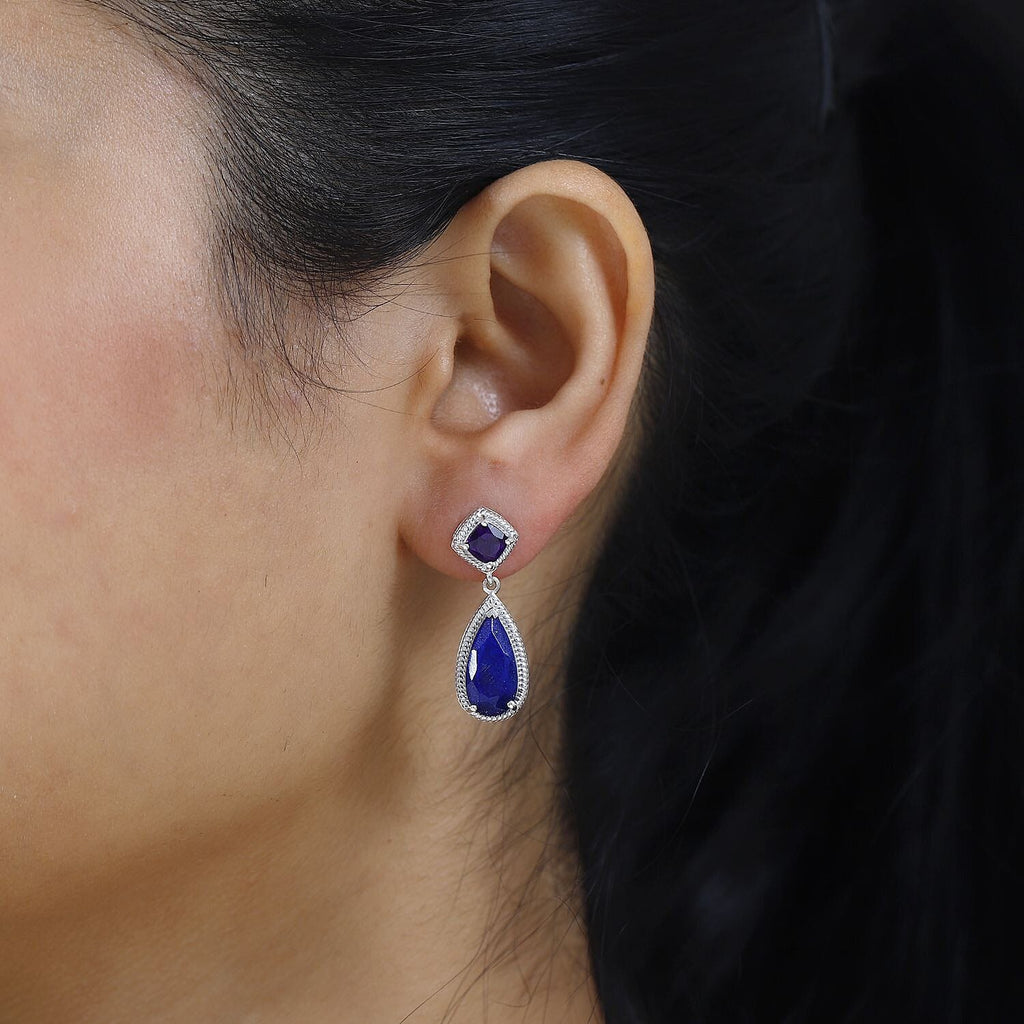Amethyst & Lapis Lazuli Dangle Earrings in Platinum Overlay Sterling Silver 7.25 Ct.