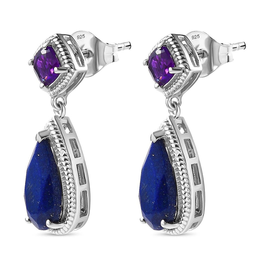 Amethyst & Lapis Lazuli Dangle Earrings in Platinum Overlay Sterling Silver 7.25 Ct.