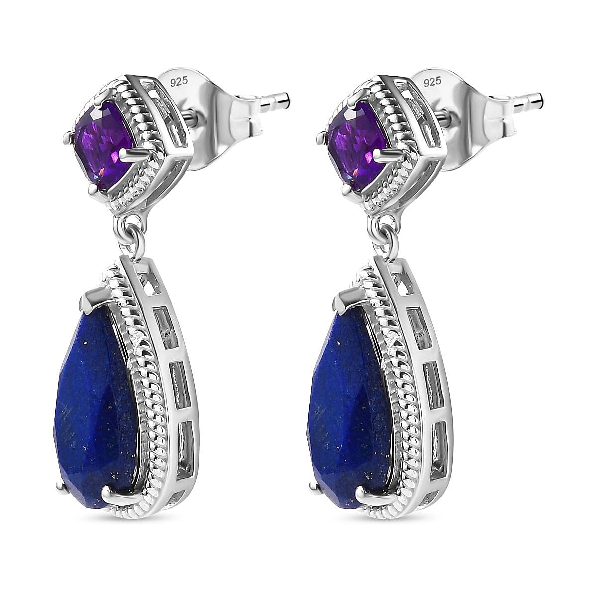 Amethyst &amp; Lapis Lazuli Dangle Earrings in Platinum Overlay Sterling Silver 7.25 Ct. 7735871 3