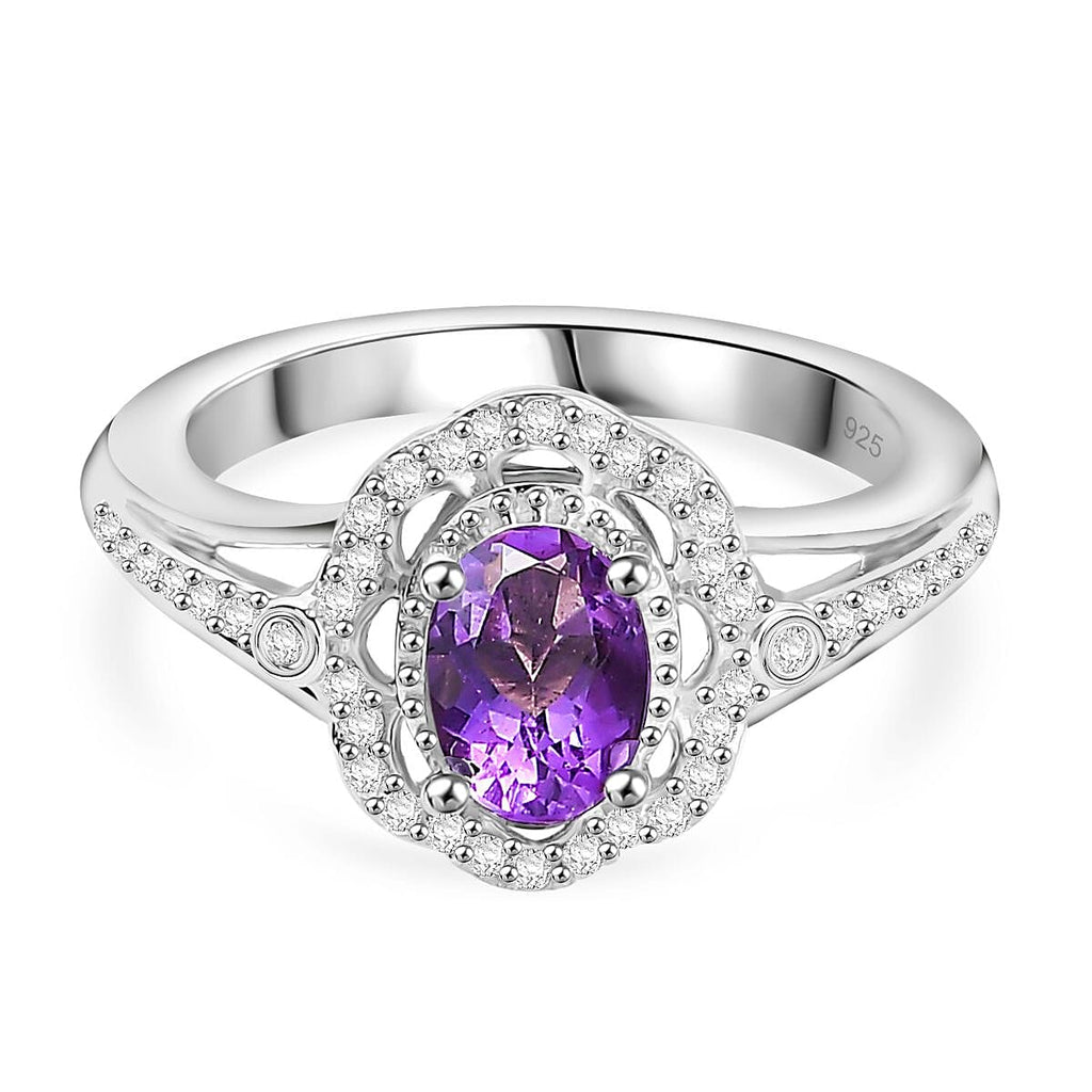 African Amethyst & Moissanite Ring in Rhodium Overlay Sterling Silver 0.91 Ct.