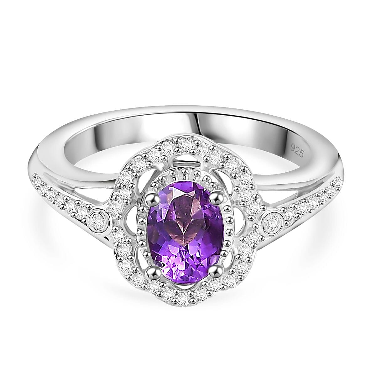 AAA African Amethyst &amp; Moissanite Ring in Rhodium Overlay Sterling Silver 0.91 Ct. 8047838 0