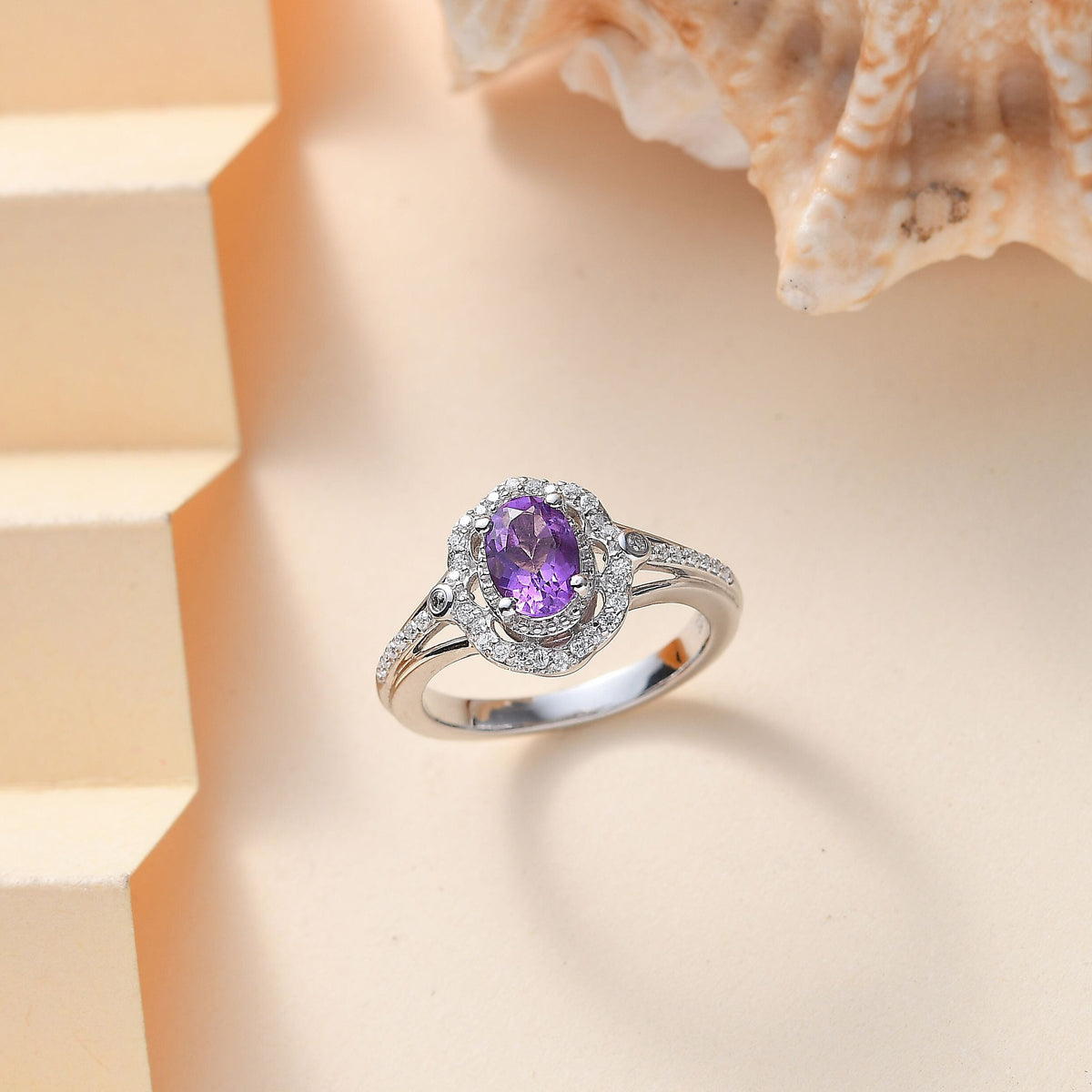 AAA African Amethyst &amp; Moissanite Ring in Rhodium Overlay Sterling Silver 0.91 Ct. 8047838 1