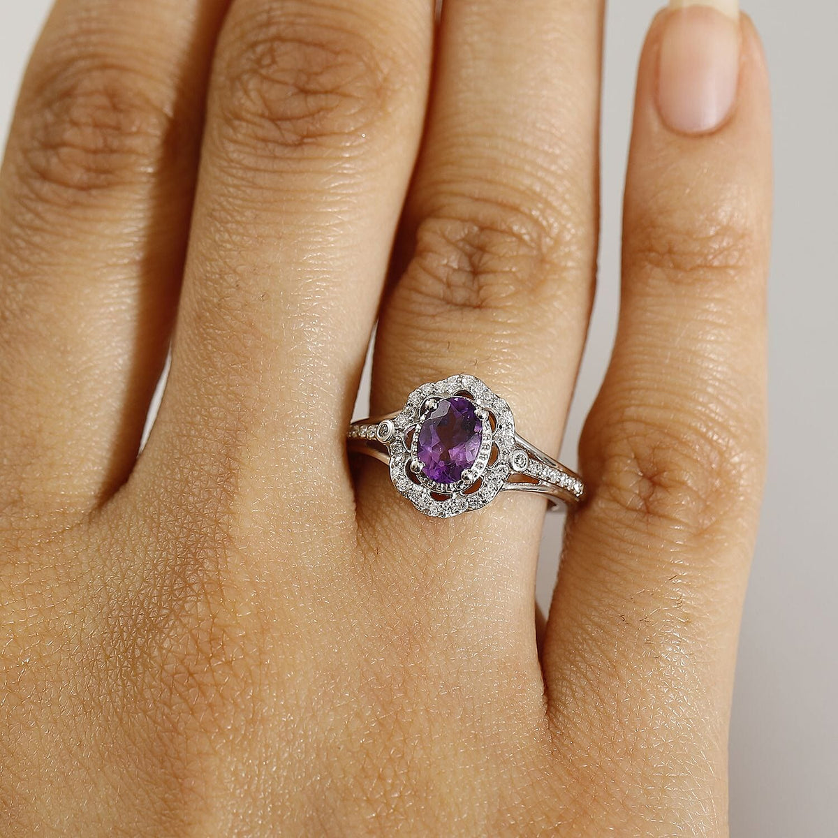 AAA African Amethyst &amp; Moissanite Ring in Rhodium Overlay Sterling Silver 0.91 Ct. 8047838 2