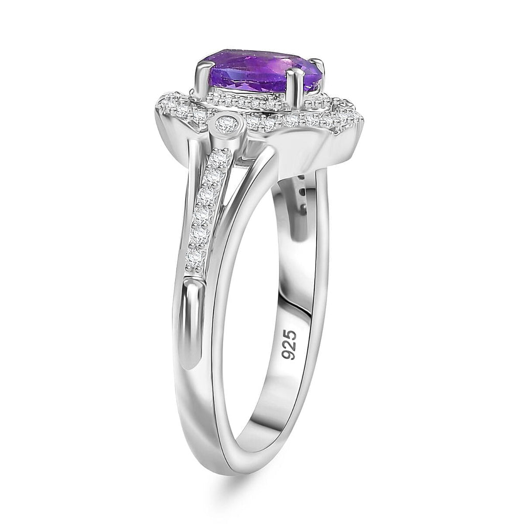 African Amethyst & Moissanite Ring in Rhodium Overlay Sterling Silver 0.91 Ct.
