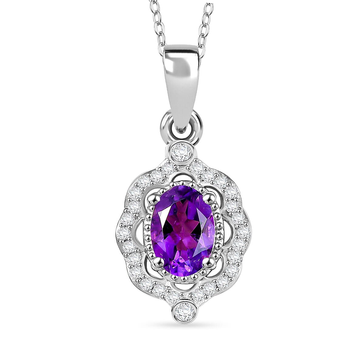 AAA African Amethyst &amp; Moissanite Pendant with Chain (Size - 20) in Rhodium Overlay Sterling Silver 0.85 Ct. 4355796 0