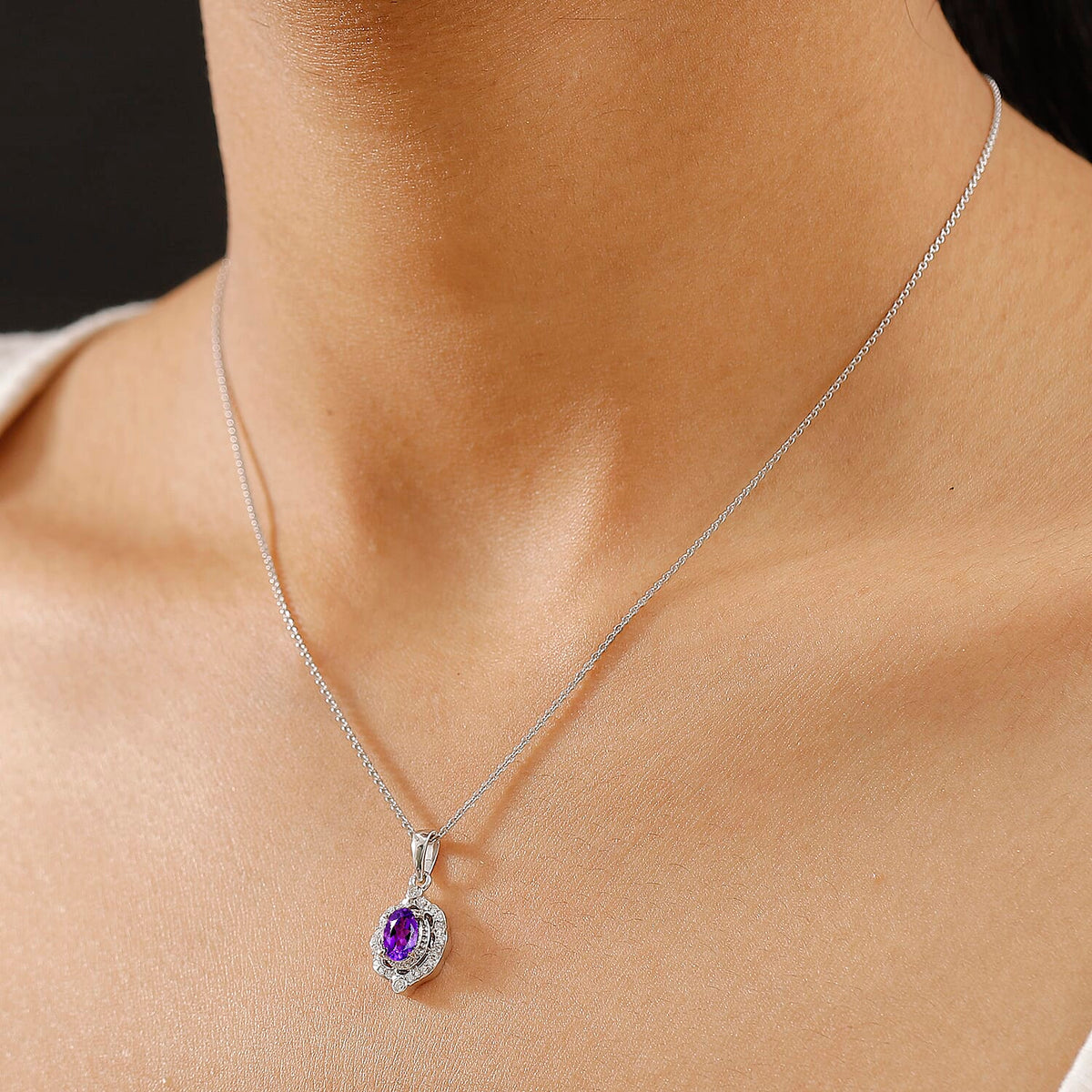 AAA African Amethyst &amp; Moissanite Pendant with Chain (Size - 20) in Rhodium Overlay Sterling Silver 0.85 Ct. 4355796 2