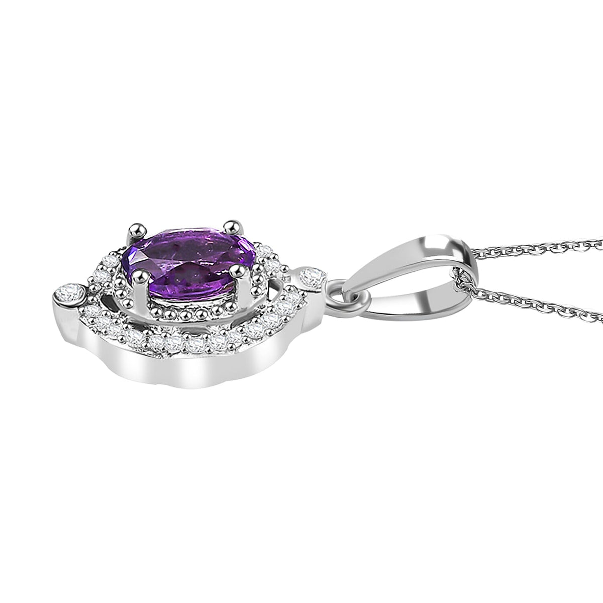 AAA African Amethyst &amp; Moissanite Pendant with Chain (Size - 20) in Rhodium Overlay Sterling Silver 0.85 Ct. 4355796 4