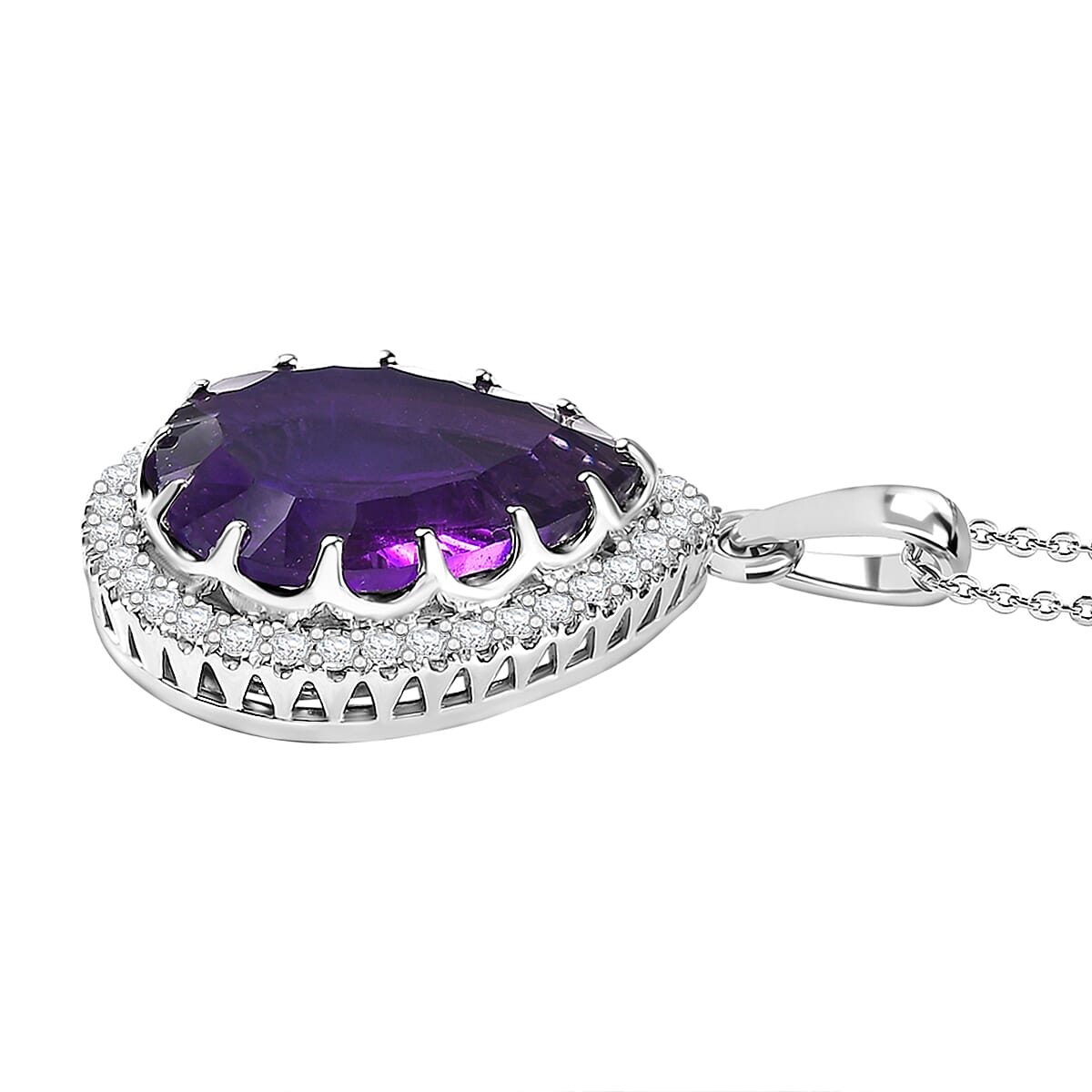 African Amethyst, Moissanite Halo Pendant with Chain (Size 20) in Rhodium Overlay Sterling Silver 4361392 4