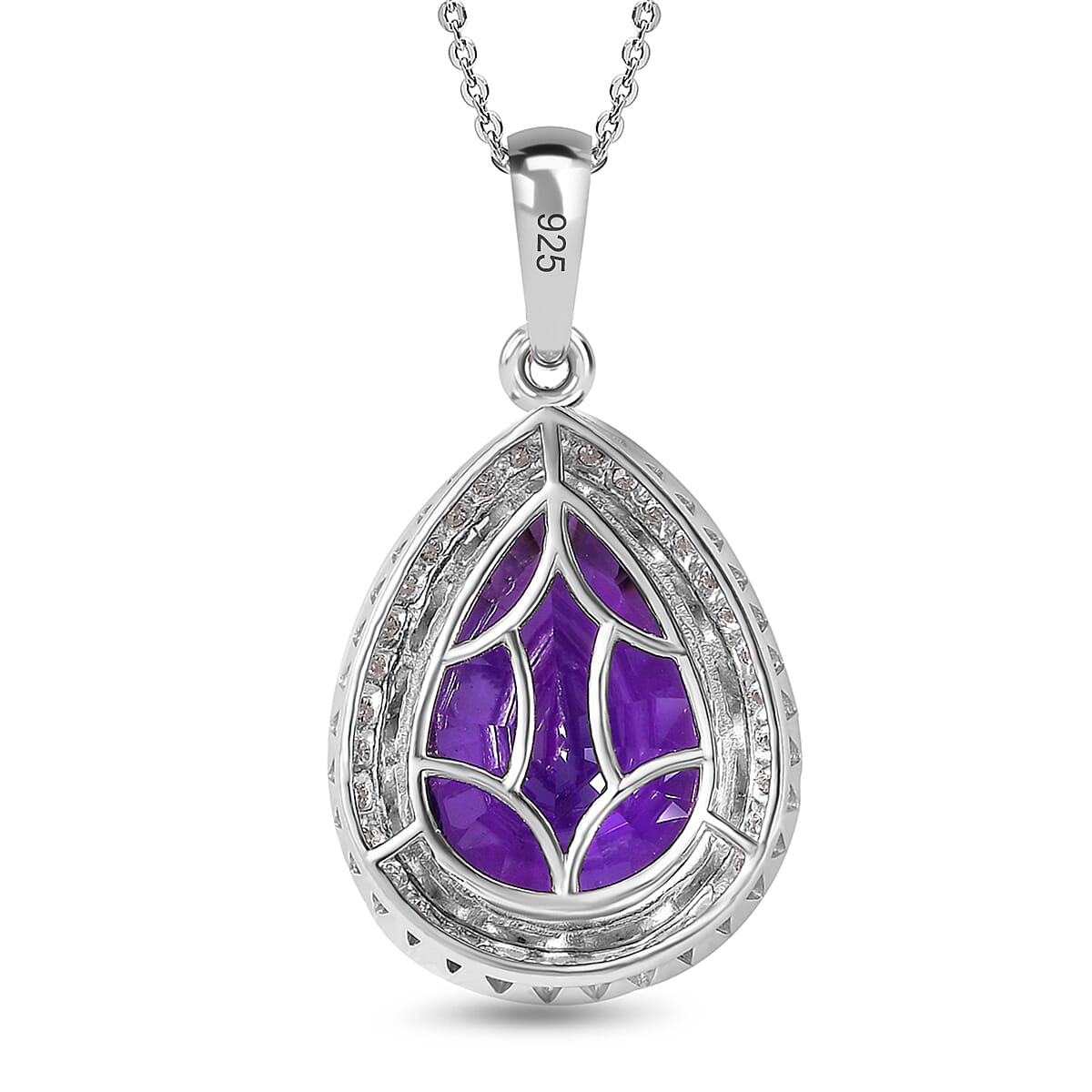 African Amethyst, Moissanite Halo Pendant with Chain (Size 20) in Rhodium Overlay Sterling Silver 4361392 5