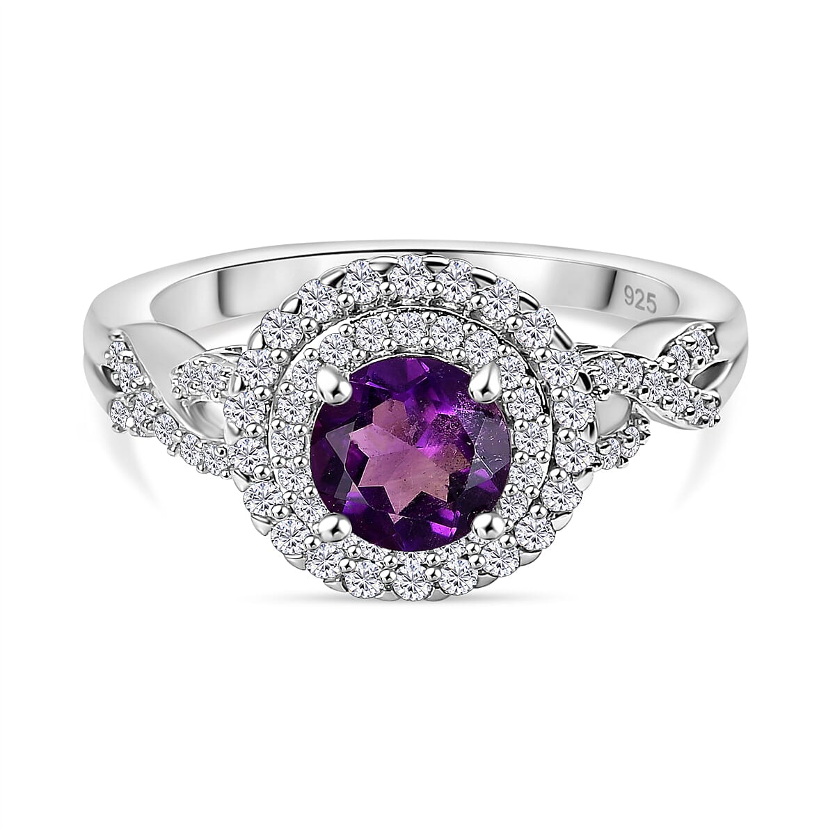 African Amethyst &amp; Moissanite Ring in Rhodium Overlay Sterling Silver 1.31 Ct. 8066578 0