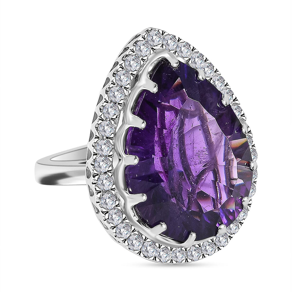 African Amethyst & Moissanite Halo Ring in Rhodium Overlay Sterling Silver 17.88 Ct.