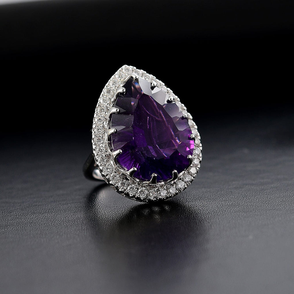 African Amethyst & Moissanite Halo Ring in Rhodium Overlay Sterling Silver 17.88 Ct.
