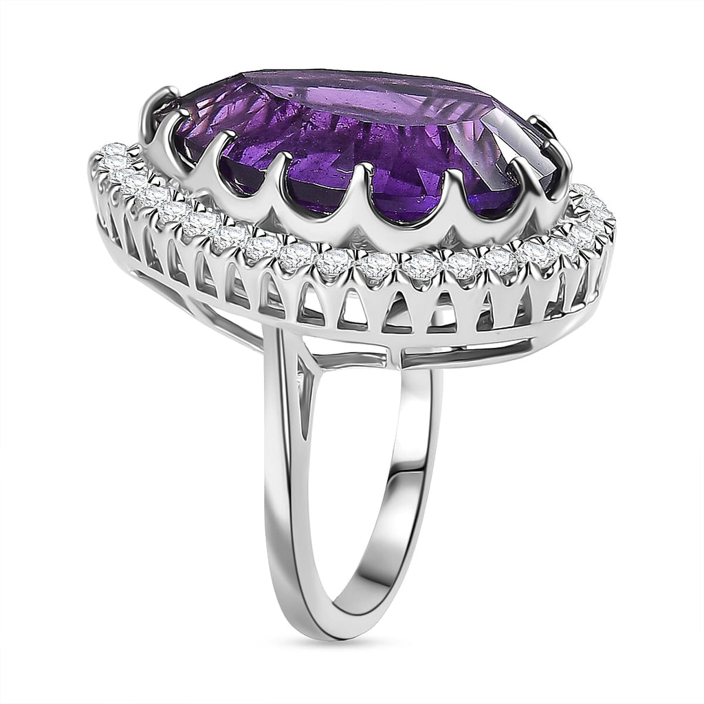 African Amethyst & Moissanite Halo Ring in Rhodium Overlay Sterling Silver 17.88 Ct.