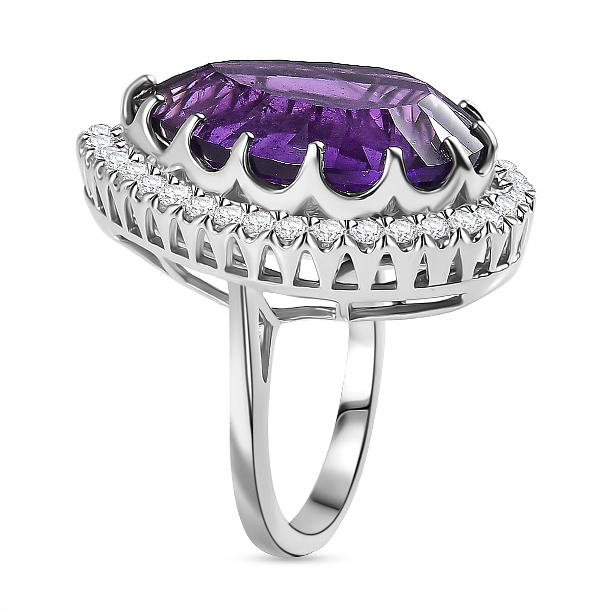 African Amethyst, Moissanite Halo Ring in Rhodium Overlay Sterling Silver 8067370 4