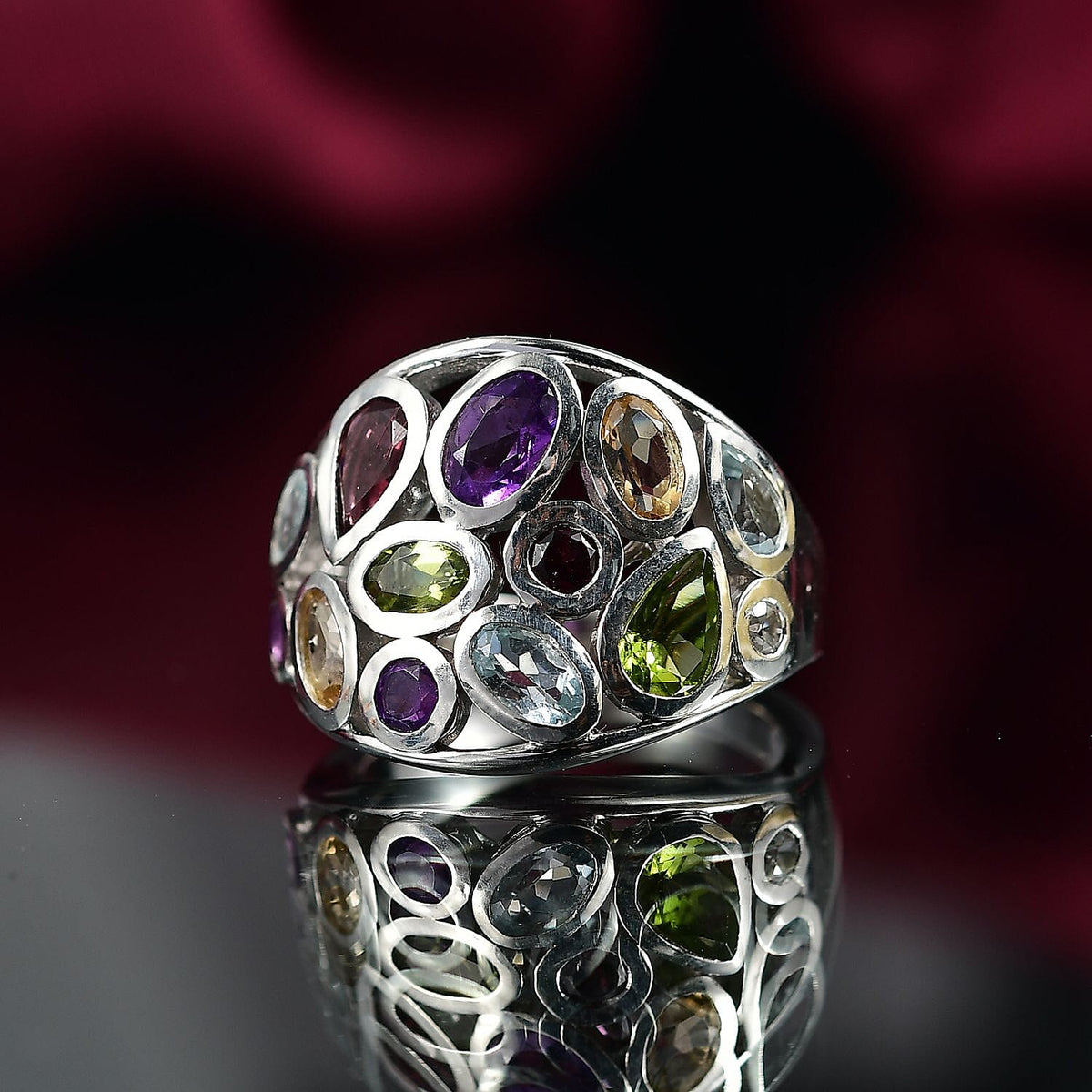 D'Joy African Amethyst &amp; Multi Gemstones Cluster Ring in Rhodium Overlay Sterling Silver 3.38 Ct, Silver Wt. 5.80 Gms. 8227068 2